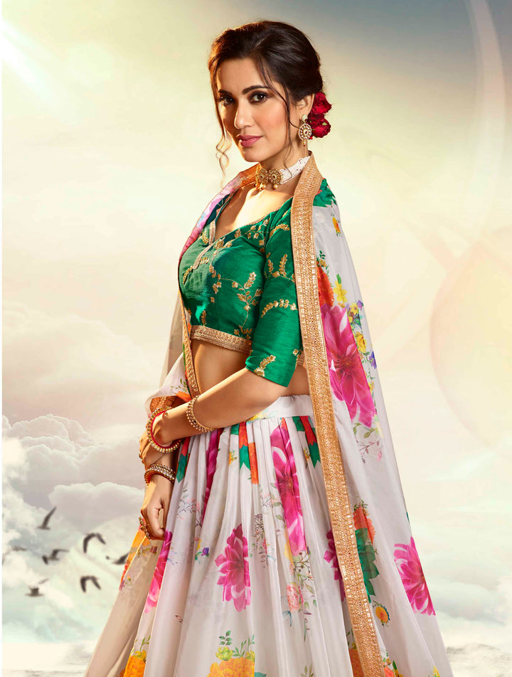 Off-White Digital Printed Lehenga | Floral Choli with Dupatta for Women