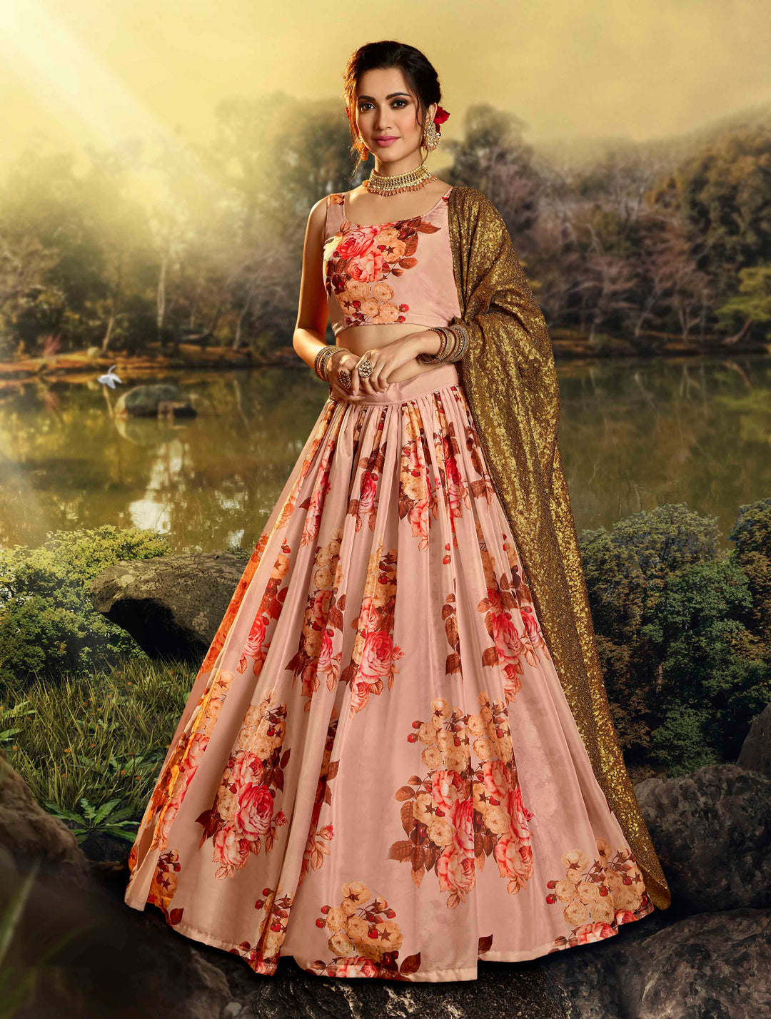 Floral Print Peach Lehenga Choli Set | Organza Flared Lehenga with Dupatta