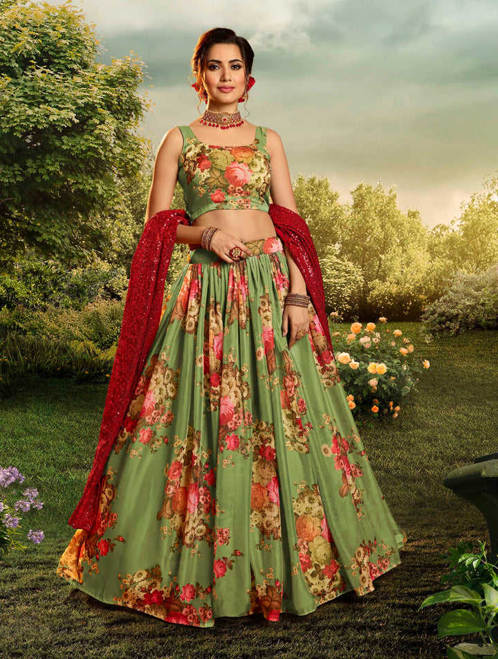 Pista Green Organza Wedding Lehenga Choli | Floral Print with Dupatta