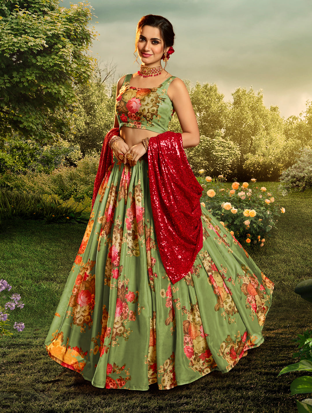 Pista Green Organza Wedding Lehenga Choli | Floral Print with Dupatta