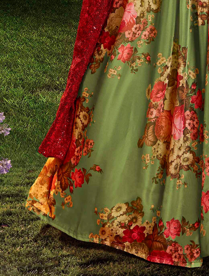 Pista Green Organza Wedding Lehenga Choli | Floral Print with Dupatta