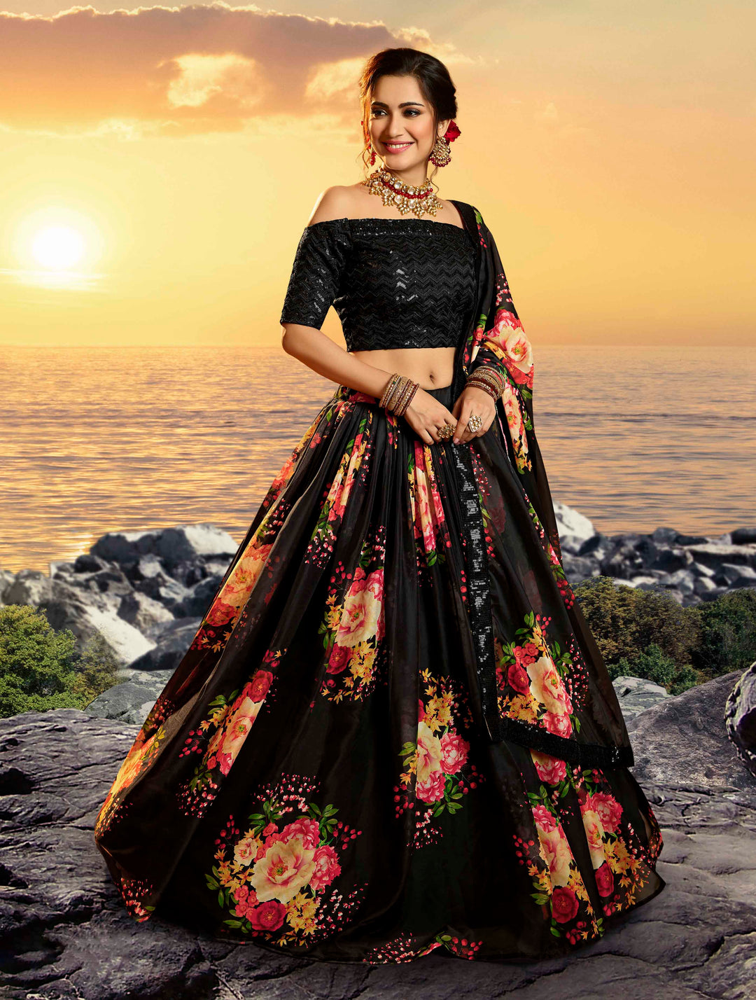 Black Digital Printed Organza Lehenga | Floral Print Lehenga Choli Set