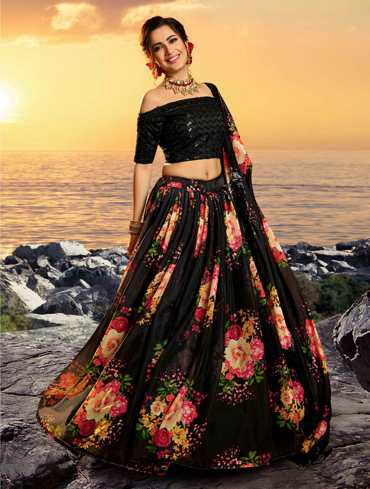 Black Digital Printed Organza Lehenga | Floral Print Lehenga Choli Set