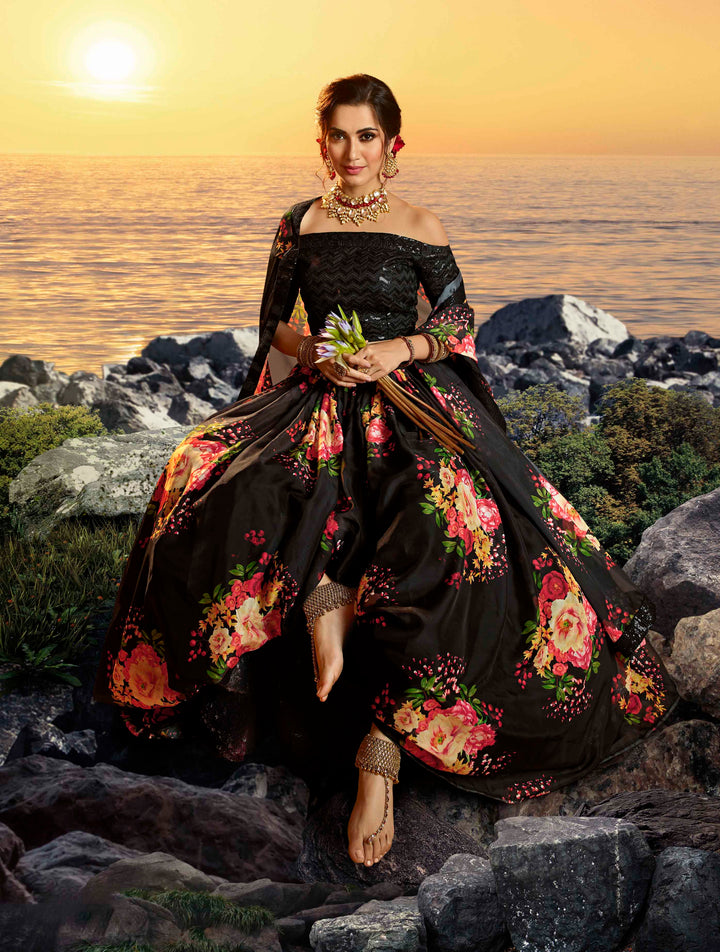 Black Digital Printed Organza Lehenga | Floral Print Lehenga Choli Set