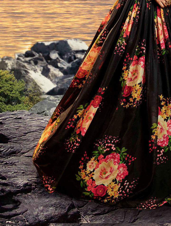 Black Digital Printed Organza Lehenga | Floral Print Lehenga Choli Set