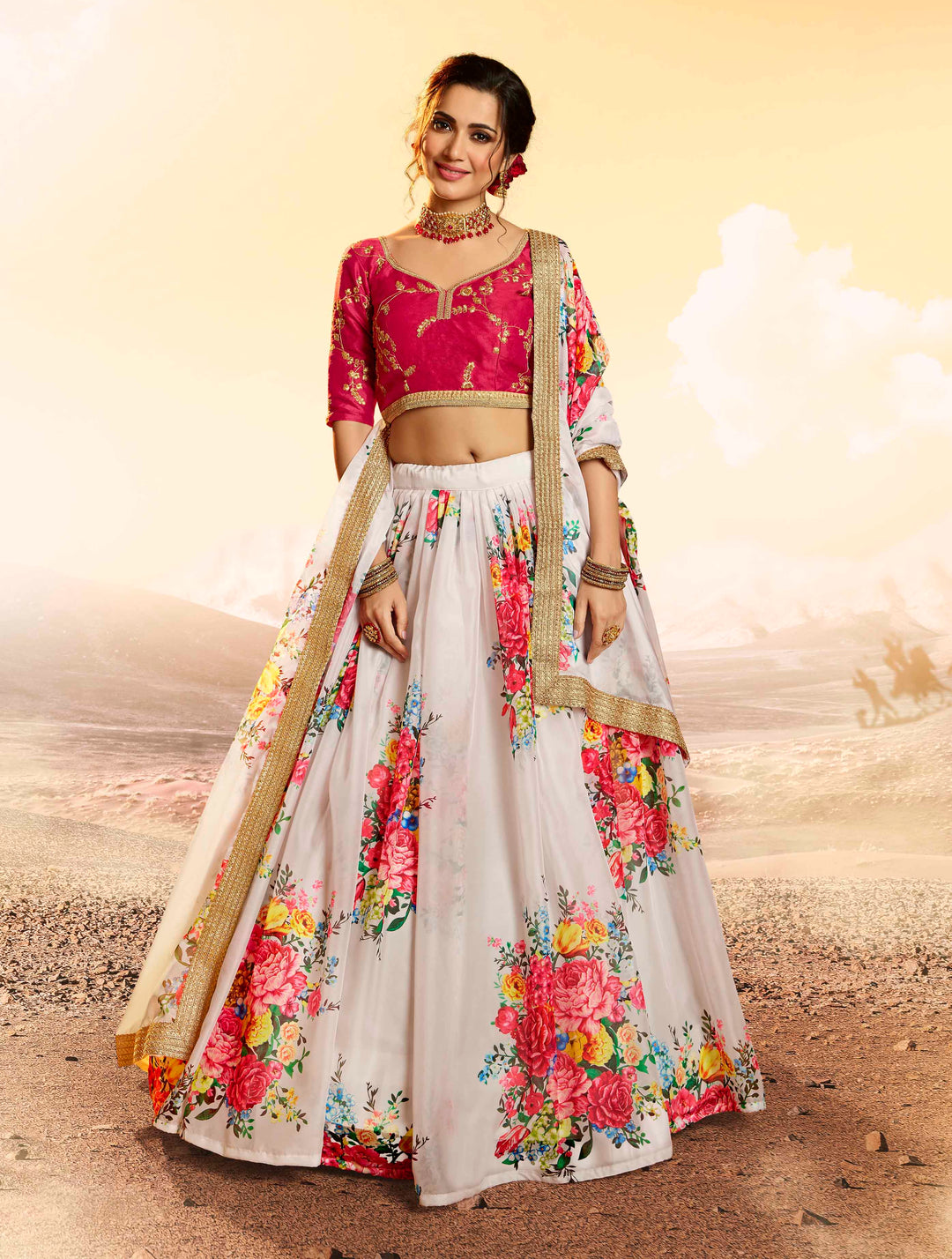 White Organza Partywear Lehenga Choli | Floral Print with Dupatta