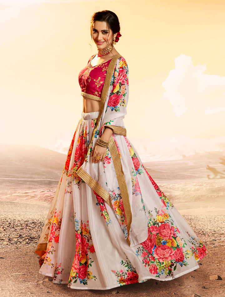 White Organza Partywear Lehenga Choli | Floral Print with Dupatta