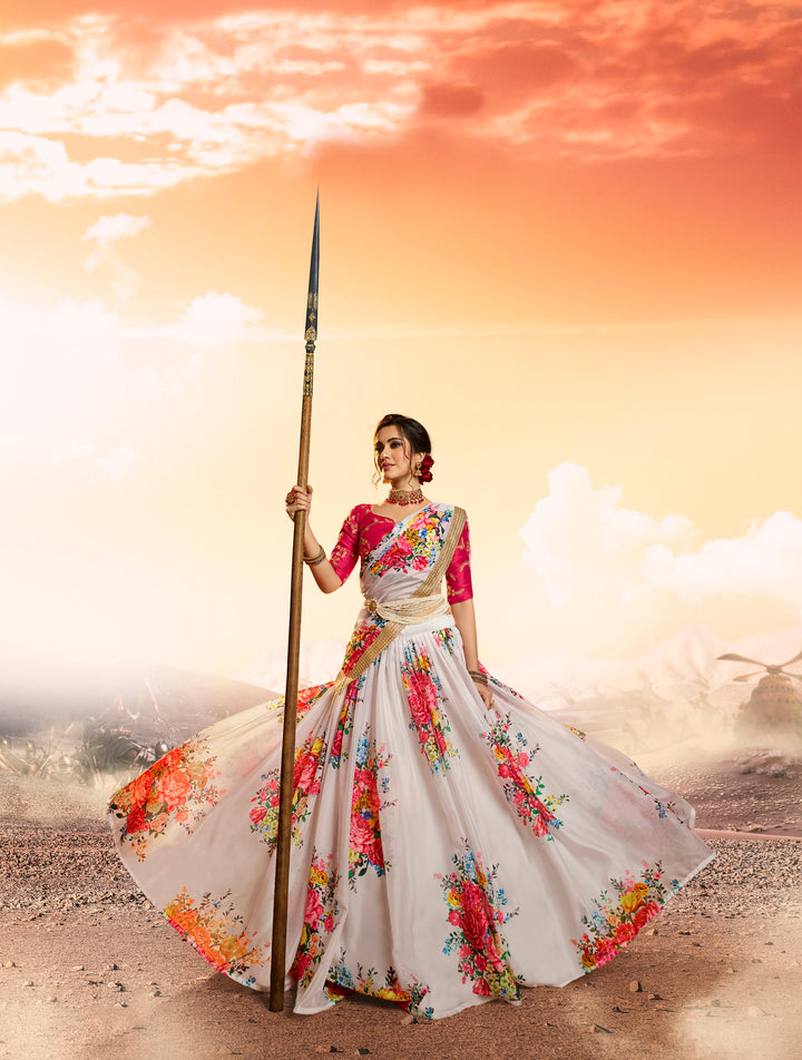 White Organza Partywear Lehenga Choli | Floral Print with Dupatta