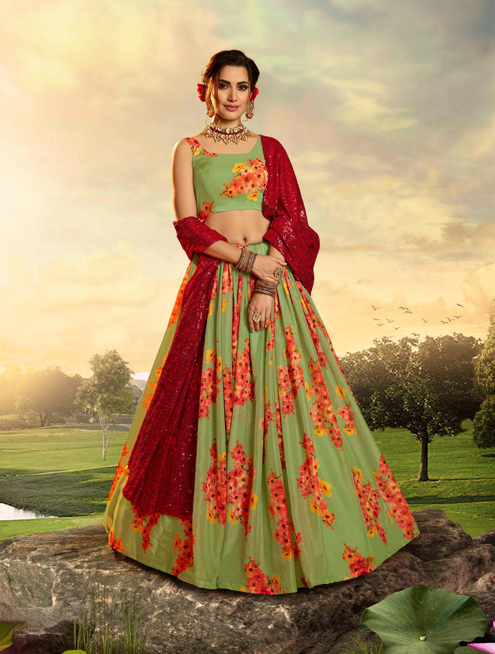 Mint Green Lehenga Choli Set | Floral Print Organza for Wedding & Party