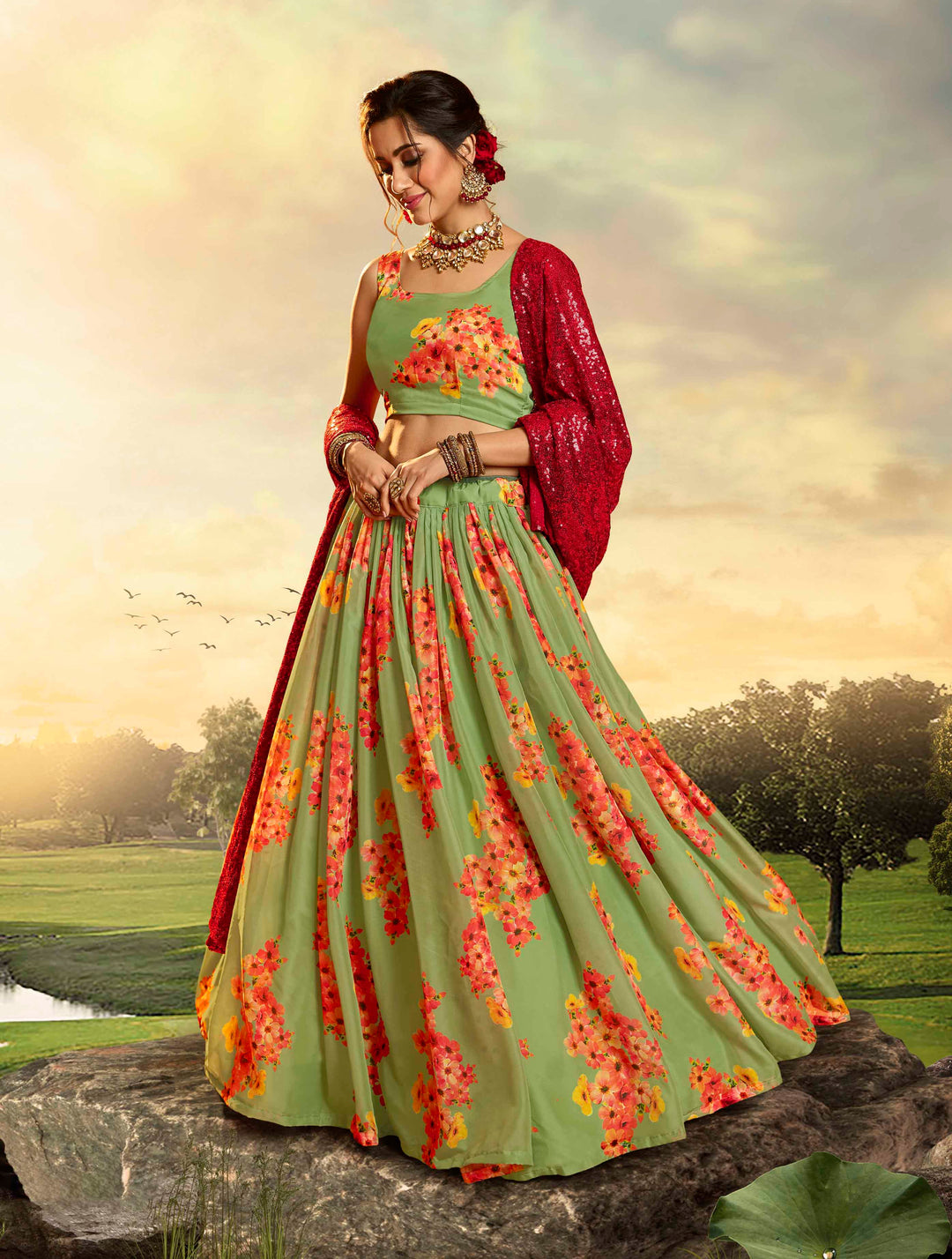 Mint Green Lehenga Choli Set | Floral Print Organza for Wedding & Party