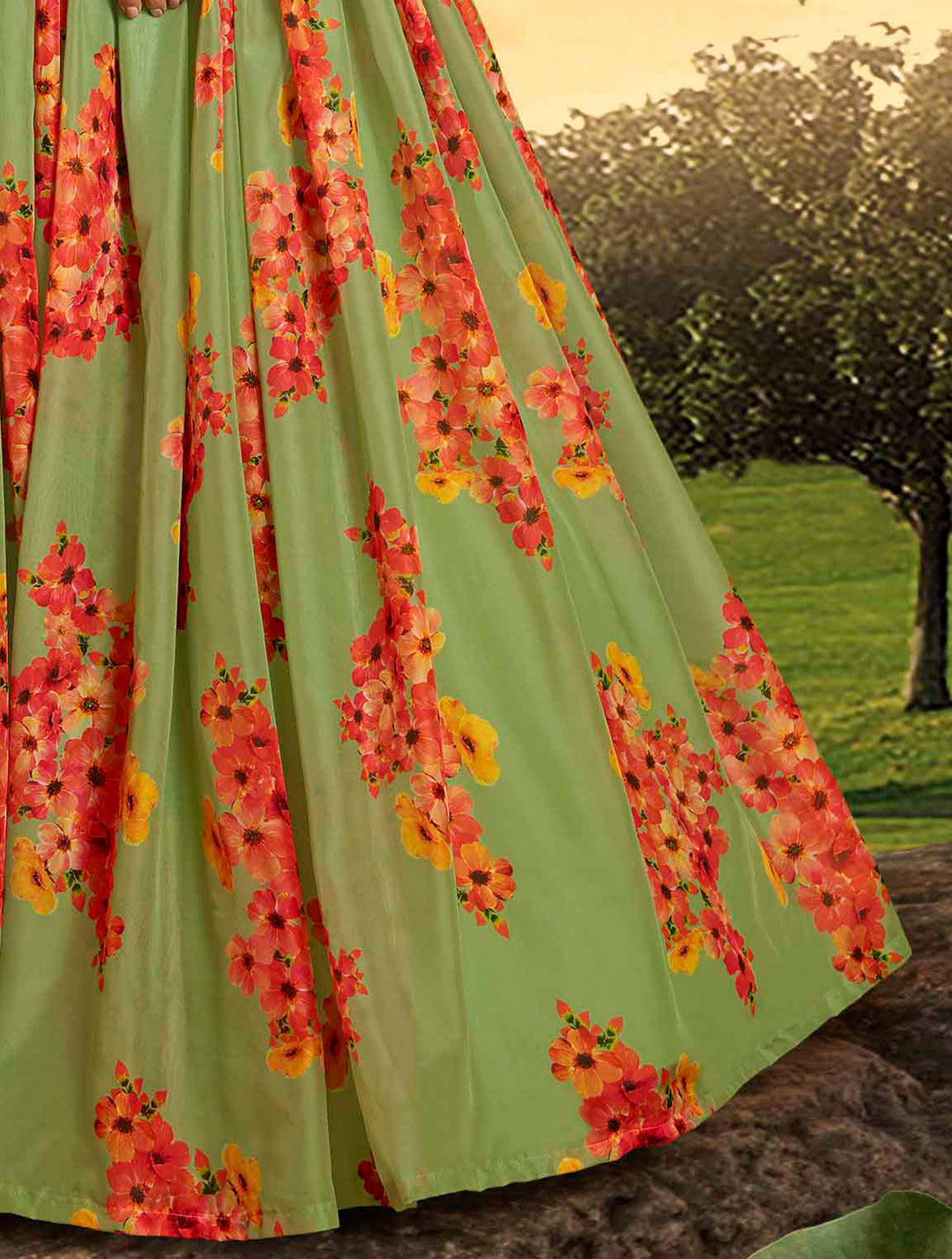 Mint Green Lehenga Choli Set | Floral Print Organza for Wedding & Party