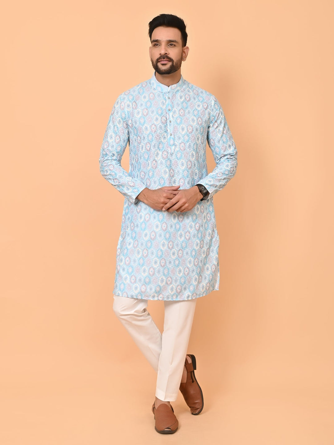 Printed Chikan Cotton Blend Kurta Set | Festive Full Sleeves Design