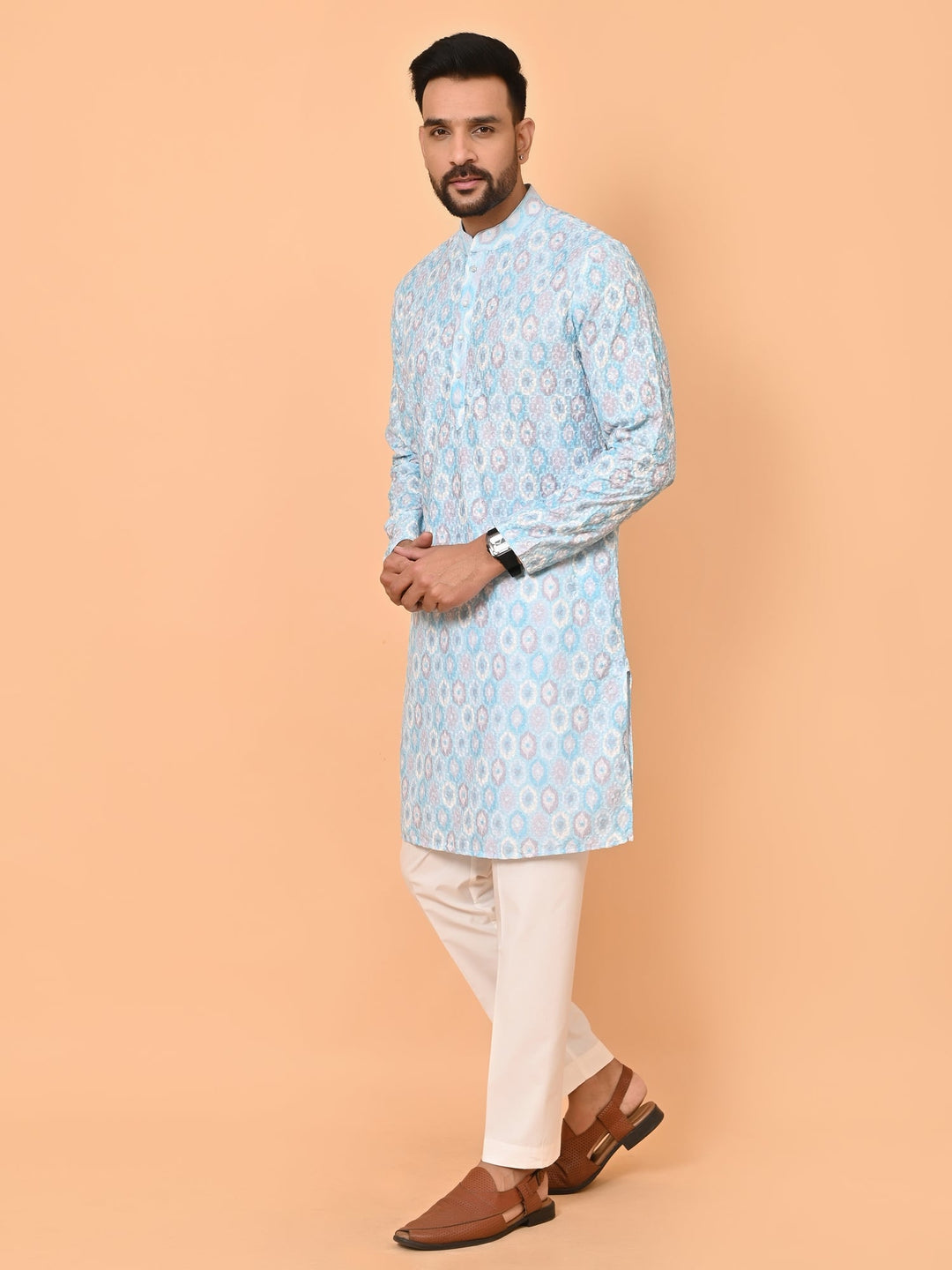 Printed Chikan Cotton Blend Kurta Set | Festive Full Sleeves Design