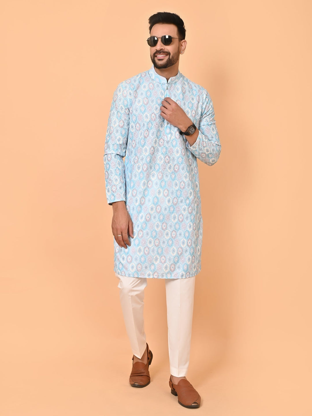 Printed Chikan Cotton Blend Kurta Set | Festive Full Sleeves Design