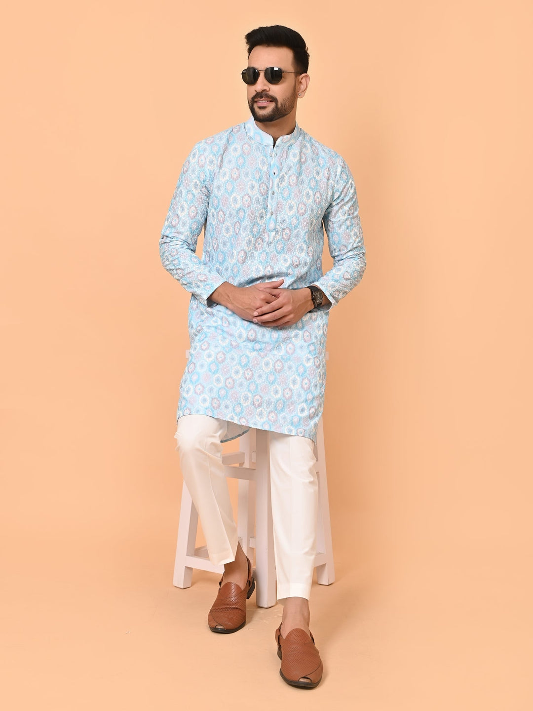 Printed Chikan Cotton Blend Kurta Set | Festive Full Sleeves Design