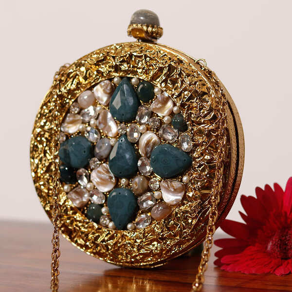 Qurbat Embellished Brass Clutch | Elegant Vintage Statement Bag