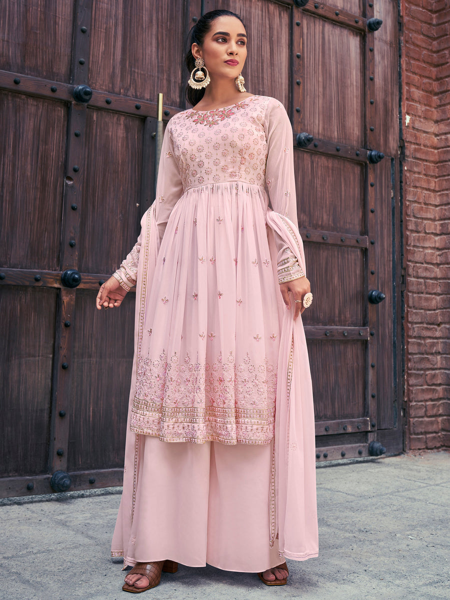 Pretty Baby Pink Embroidered Georgette Readymade Palazzo Suit