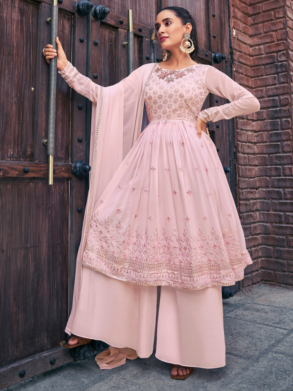 Pretty Baby Pink Embroidered Georgette Readymade Palazzo Suit