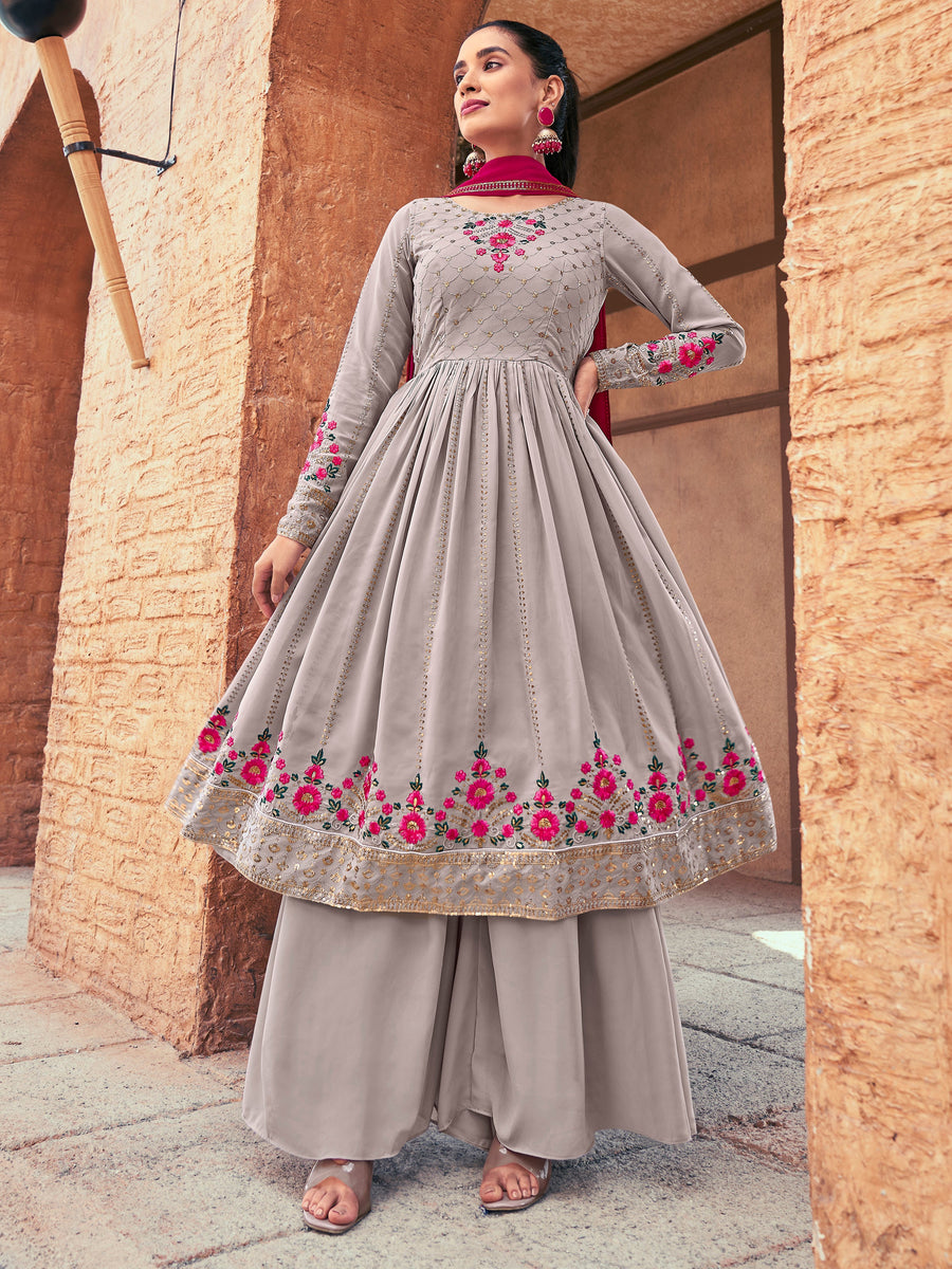 Attractive Grey Embroidered Georgette Readymade Palazzo Suit