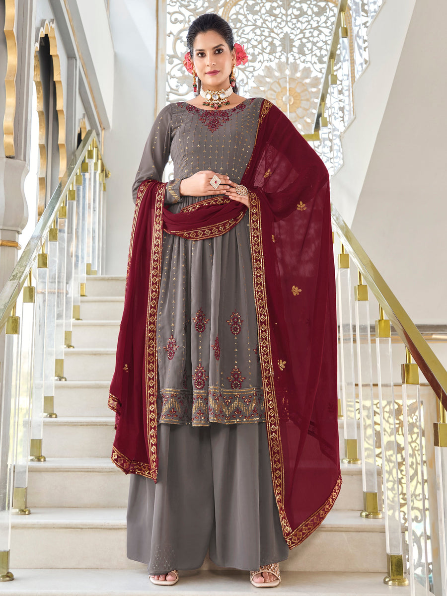 Magnetic Grey Sequins Georgette Wedding Wear Salwar Kameez