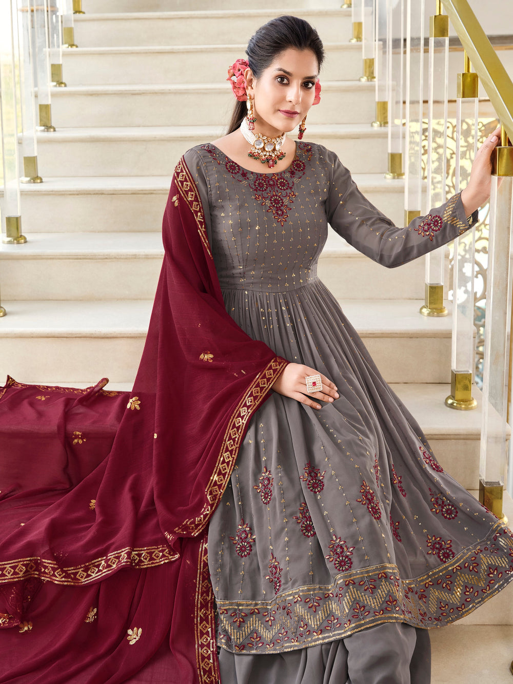 Magnetic Grey Sequins Georgette Wedding Wear Salwar Kameez