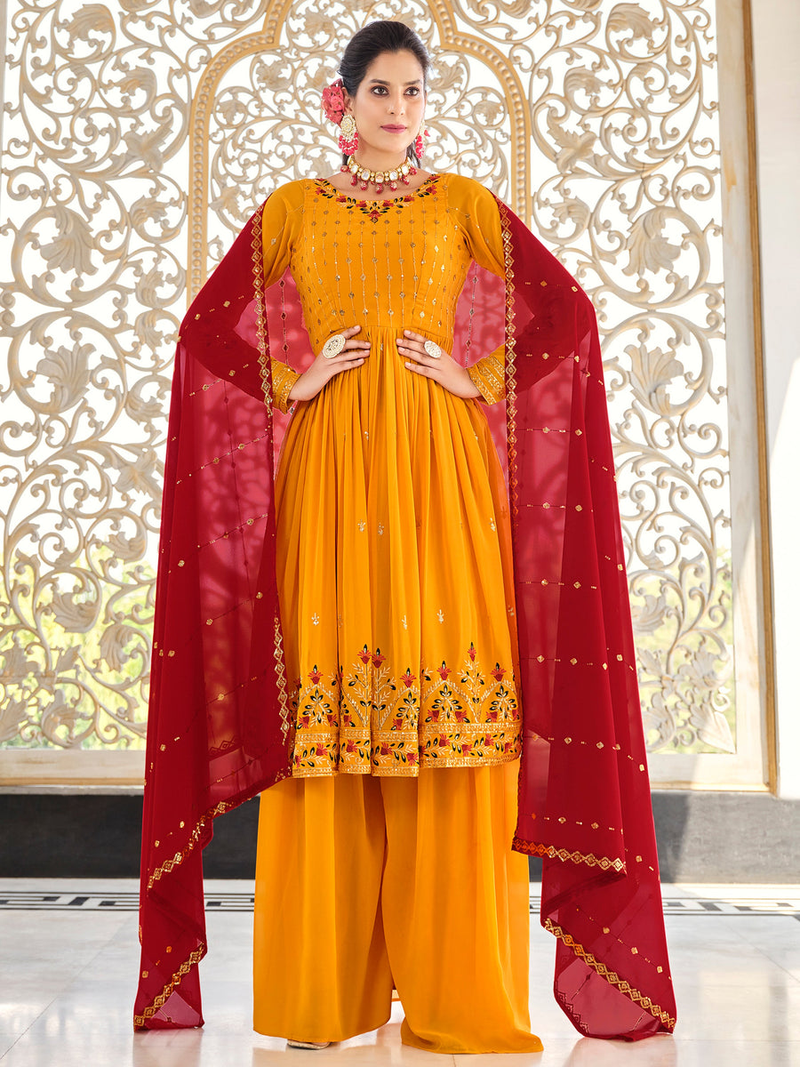 Lovely Mustard Sequins Georgette Traditional Salwar Kameez