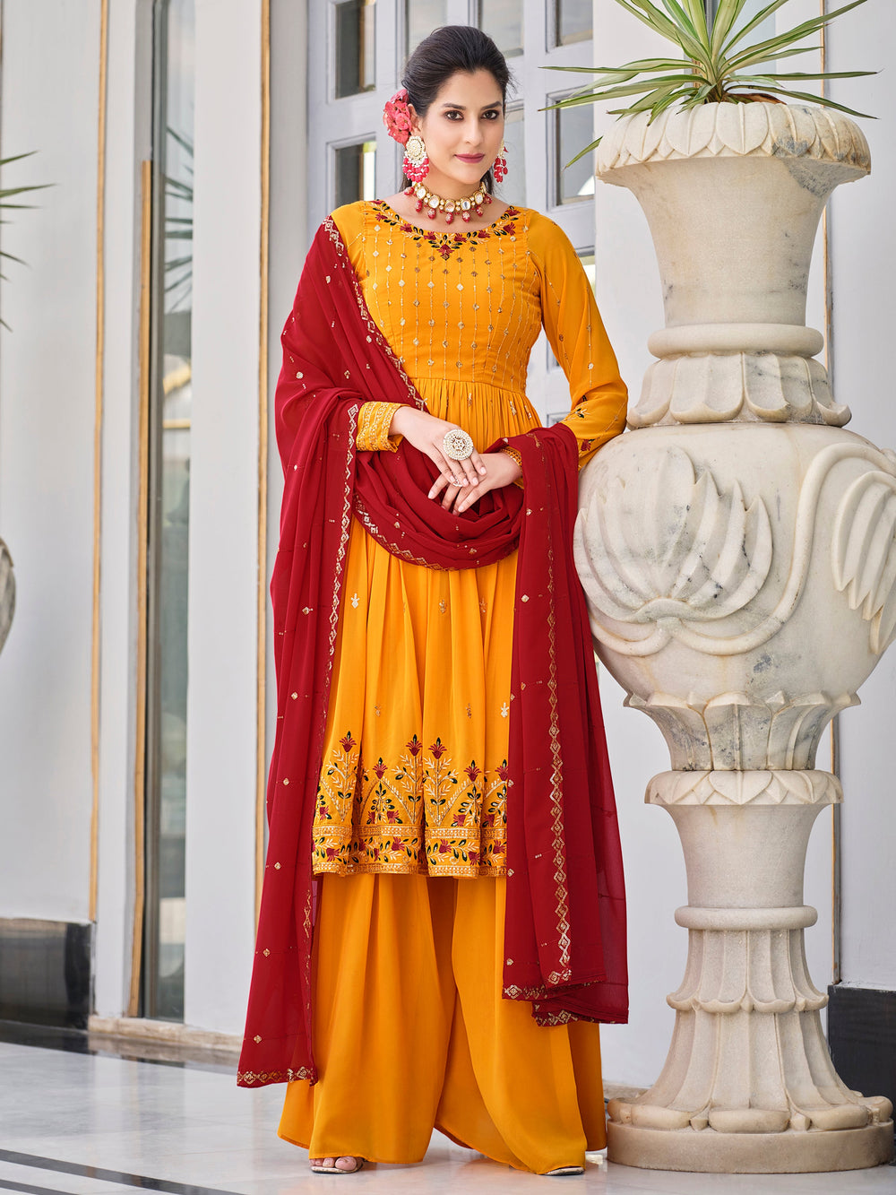 Lovely Mustard Sequins Georgette Traditional Salwar Kameez