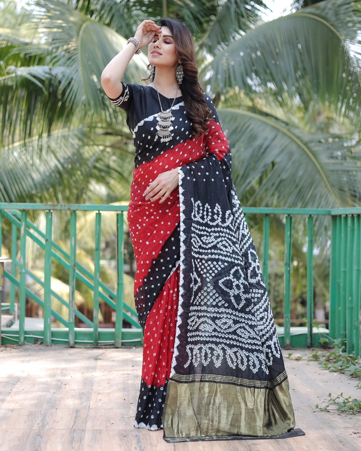 Stunning Black Bandhej Silk Drapes with Zari Tissue Pallu and blouse piece for formal celebrations.