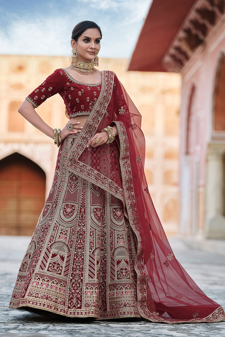 Designer Velvet Bridal Lehenga Choli | Embroidered Wedding Wear