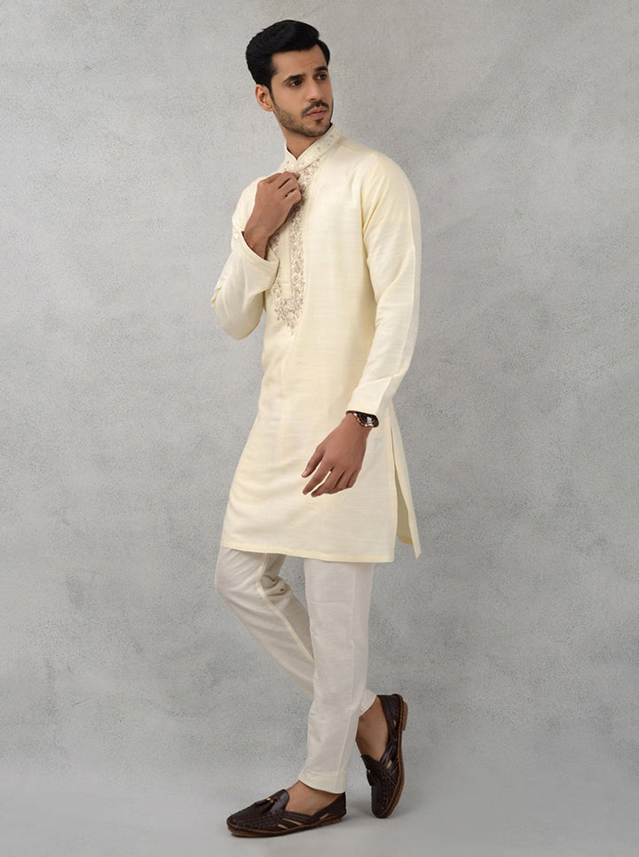 Discover luxury with this Golden Beige Embroidered Kurta Set, ideal for festive occasions and celebrations in the USA.