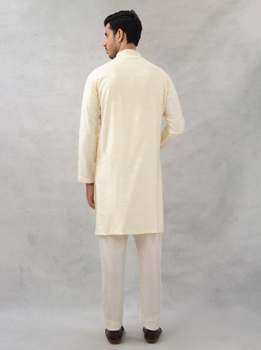 Embroidered Golden Beige Silk Kurta Pajama Set for Men