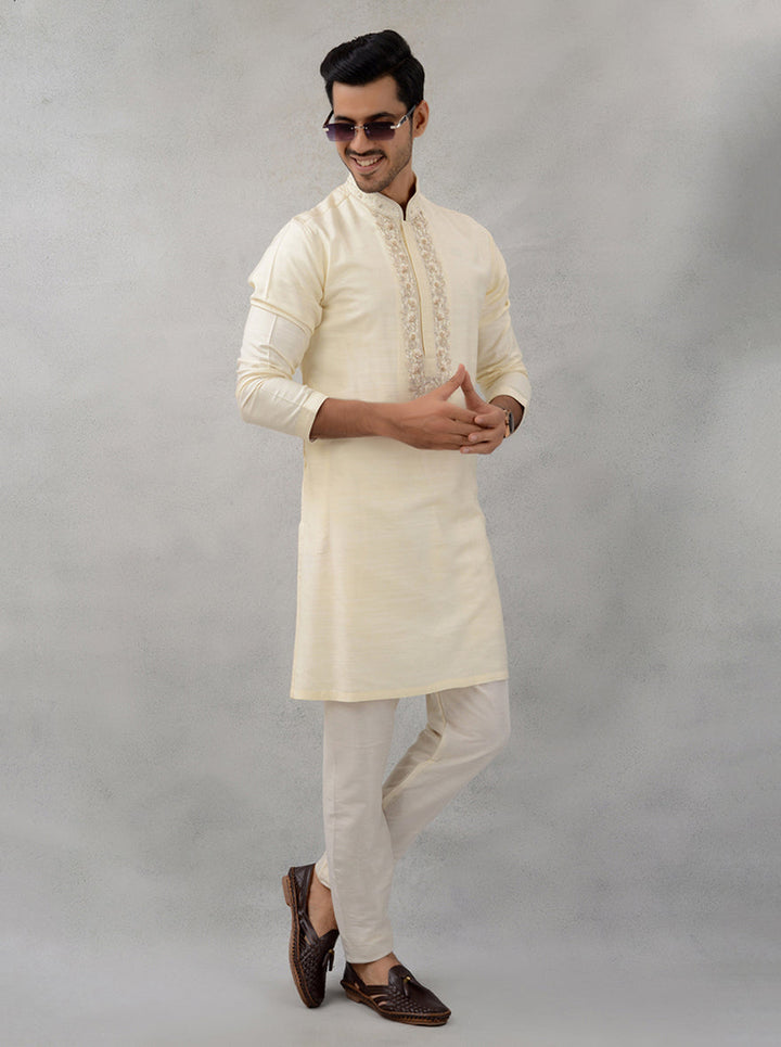 Golden Beige Silk Kurta Pajama with Embroidery for Men