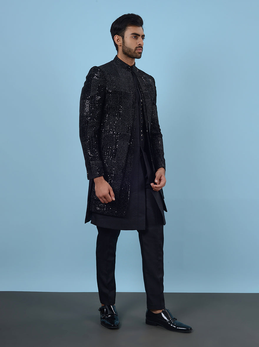 Shine at special events in this Black Indowestern, crafted from luxurious Silk Blend with intricate embroidery, designed for those who appreciate style in the USA.