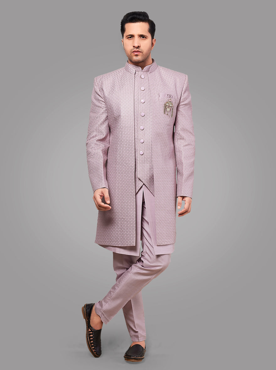 The stylish Lilac Mid Length Jacket is made from luxurious Silk Blend and features beautiful embroidery, ideal for a sophisticated outfit with golden Aligarhi in the USA.