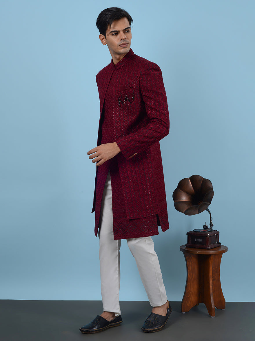 Maroon georgette embroidered Indowestern, men’s festive wear