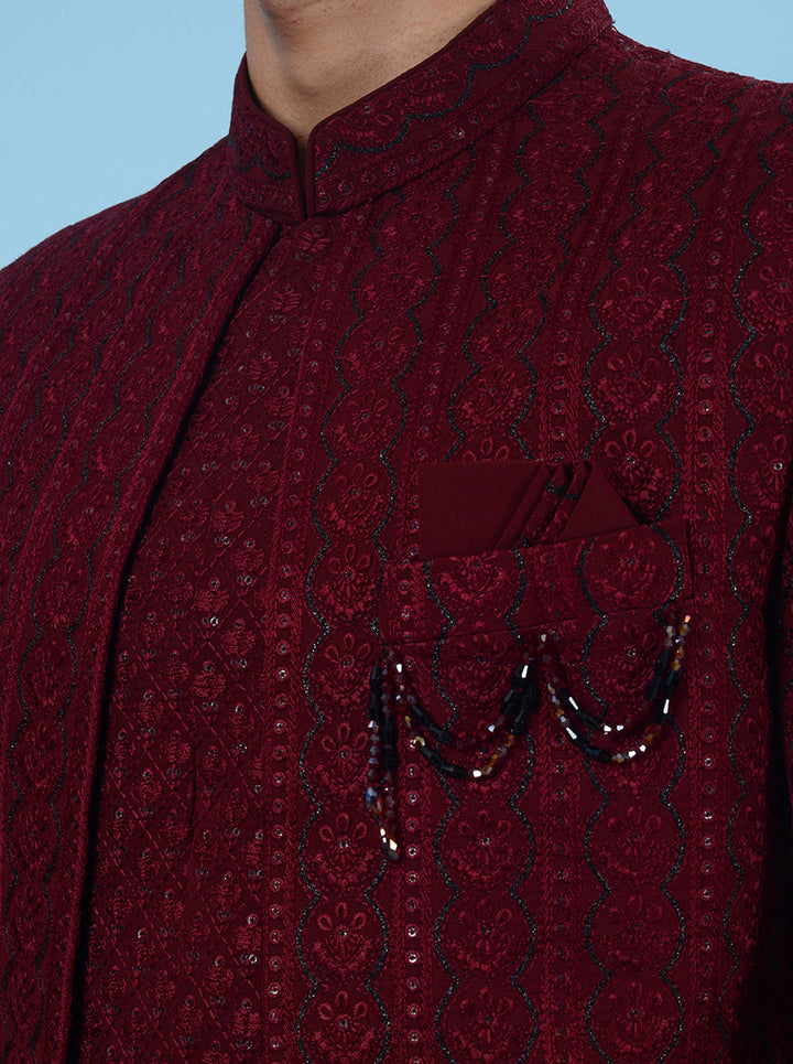 Maroon embroidered men’s outfit, classic design