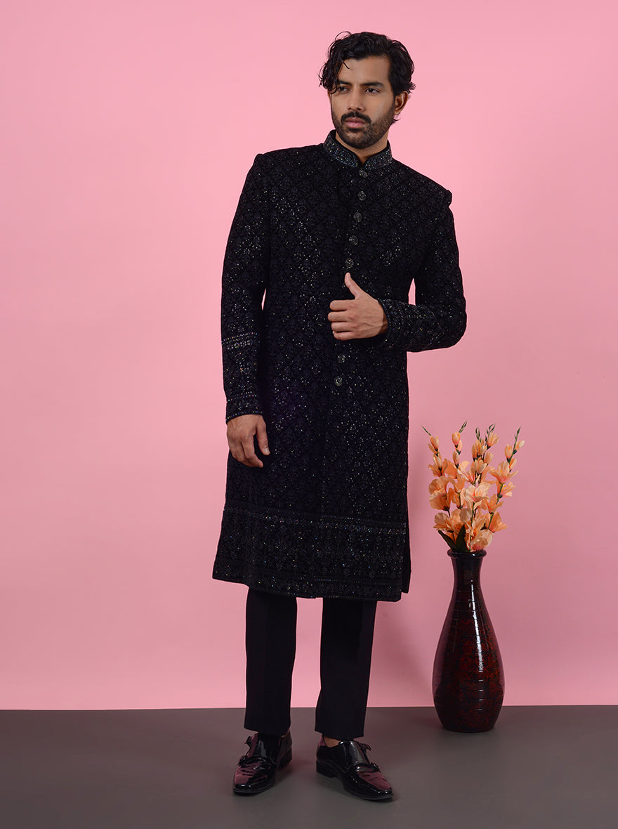 Elevate your wardrobe with the Black Indo-Western set, ideal for sangeet parties and receptions in the USA.