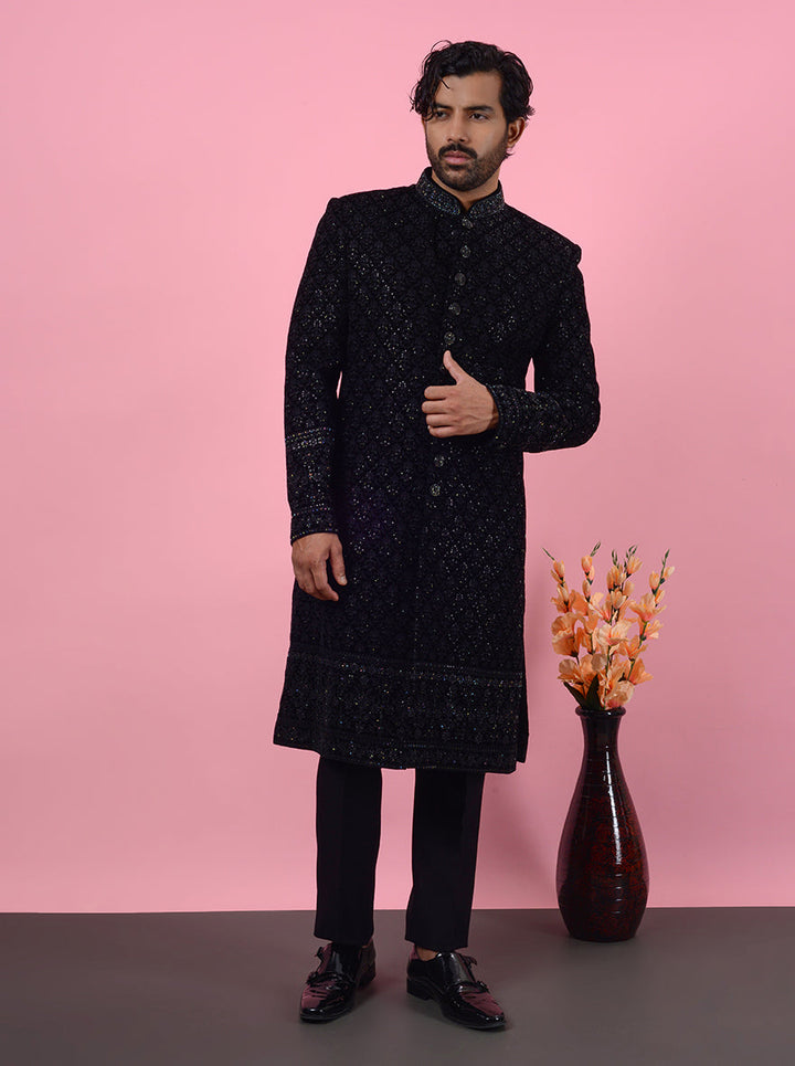 Black velvet embroidered Indowestern for men, festive attire