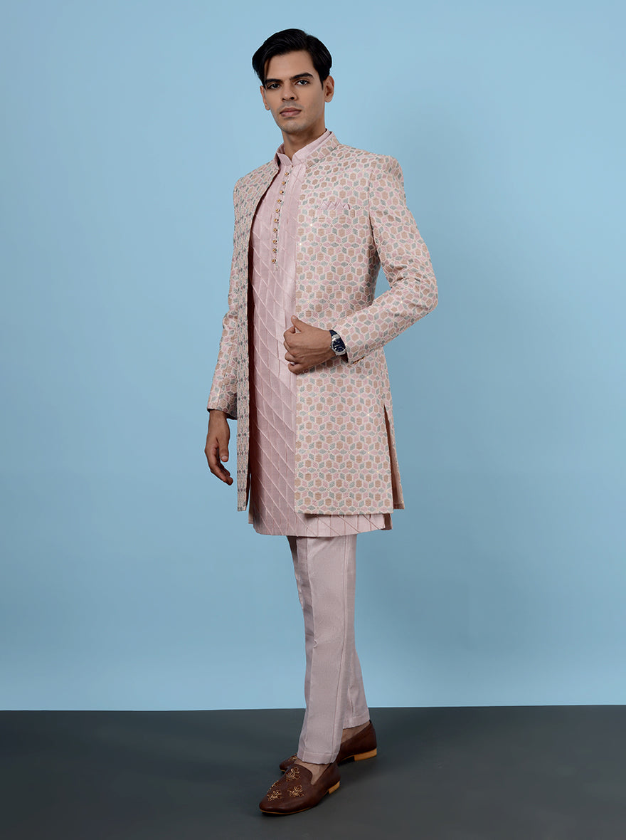 Men’s onion peach Indowestern with intricate embroidery