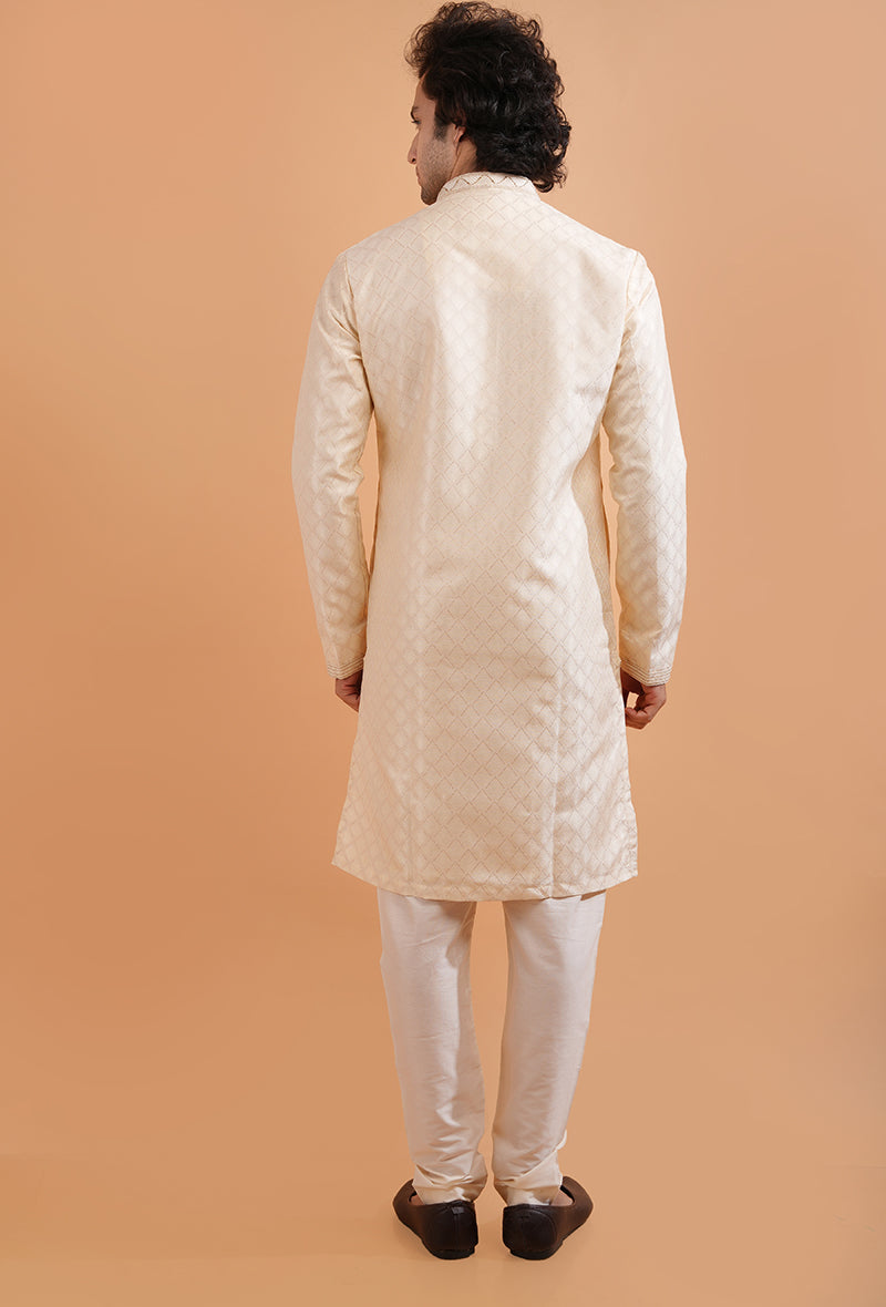 USA pooja-ready cream and beige jacquard kurta for men, blending style with tradition.