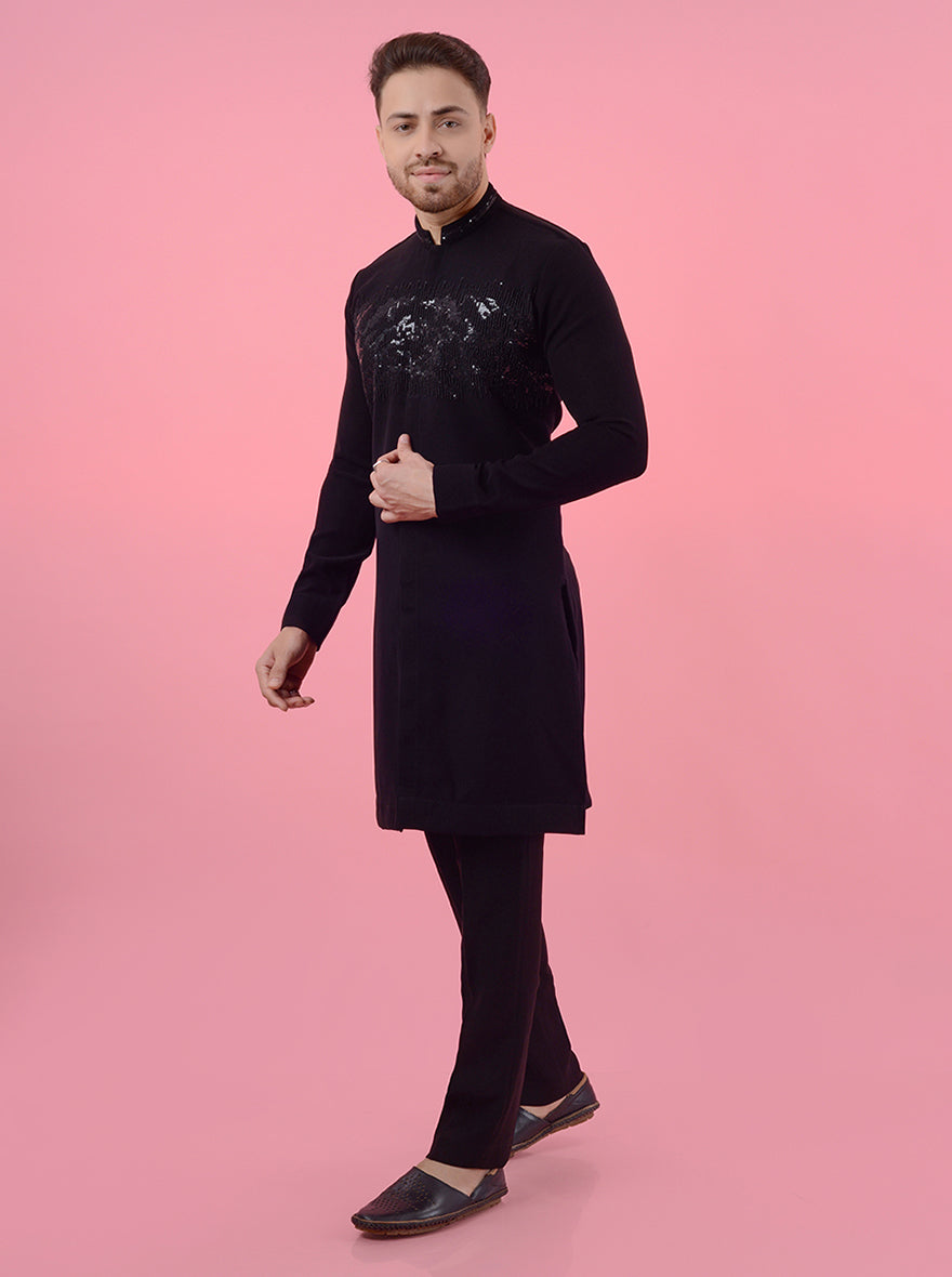 Men's navy blue silk blend kurta pajama set, perfect for weddings and festive ethnic wear.