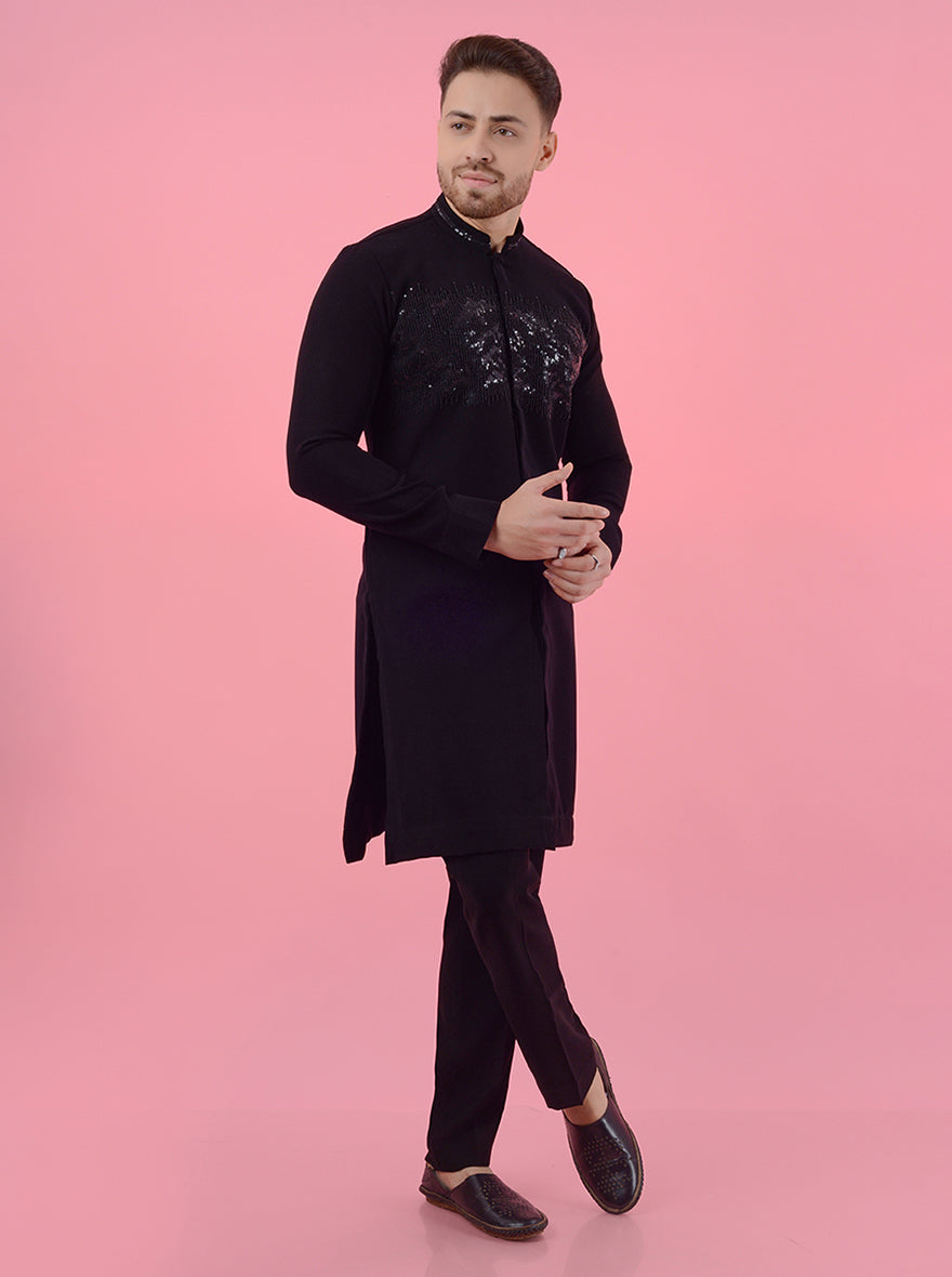 Stylish navy blue kurta pajama for men, crafted from silk blend with fine embroidery.