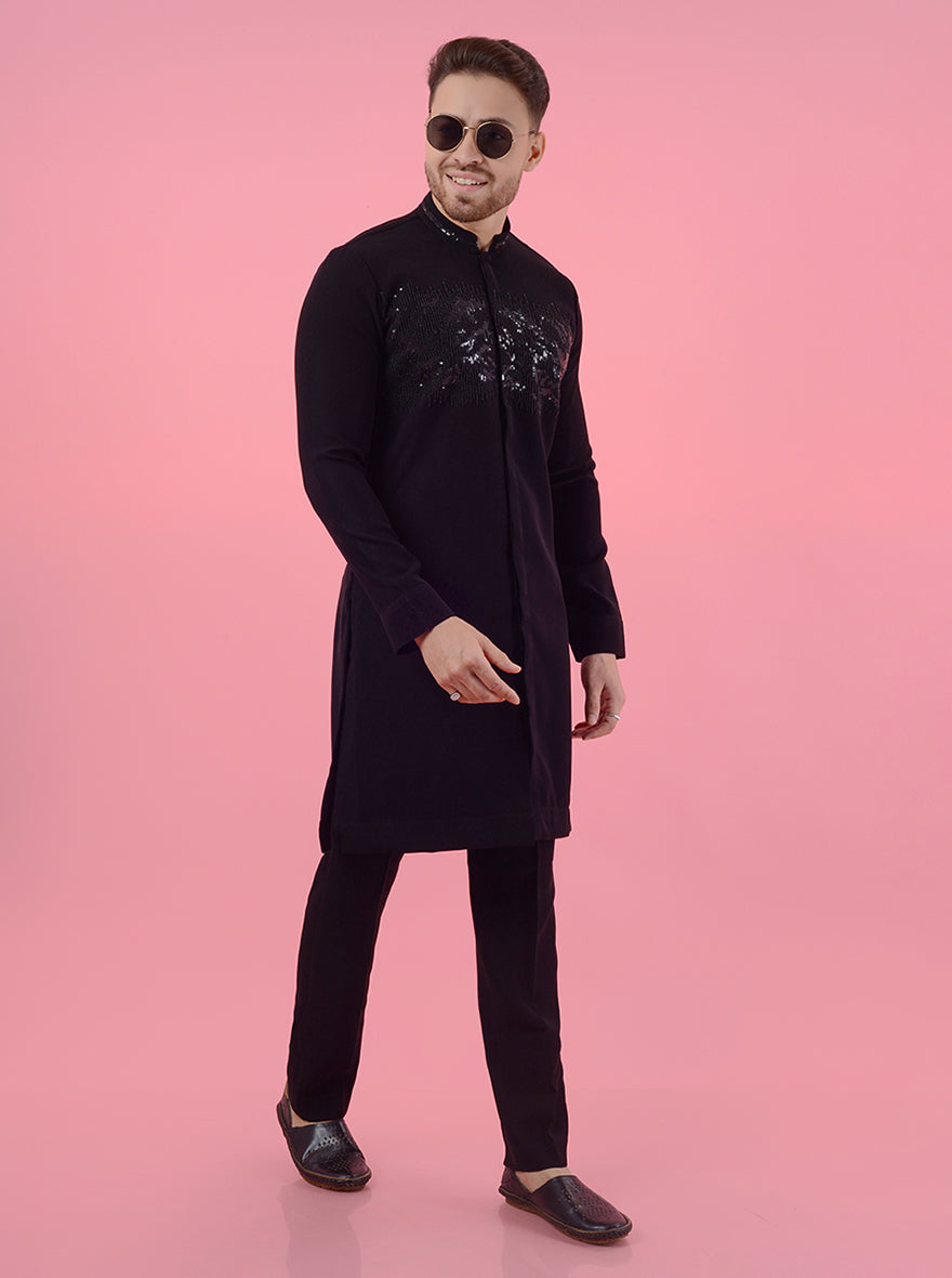 Traditional navy blue silk blend kurta pajama for men, with embroidered design for ethnic occasions.