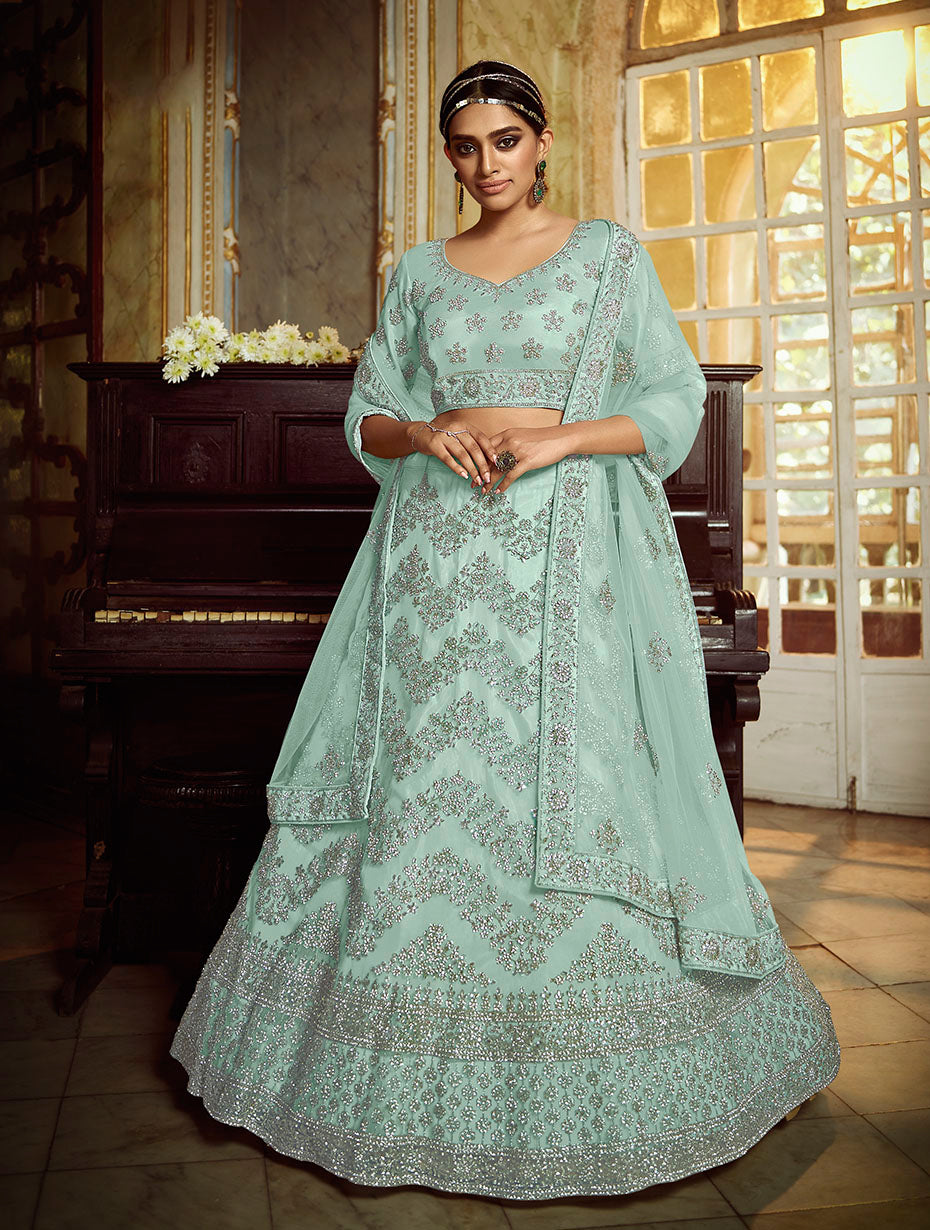 Sky Blue Soft Net Lehenga with Dori and Zarkan Work | Elegant Wedding Wear