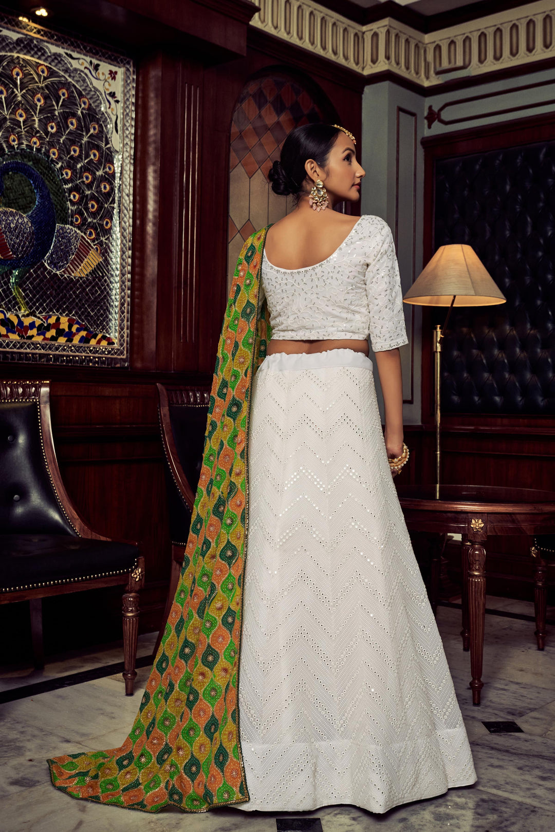 Off-White Georgette Lehenga Choli | Party Wear with Multicolor Dupatta