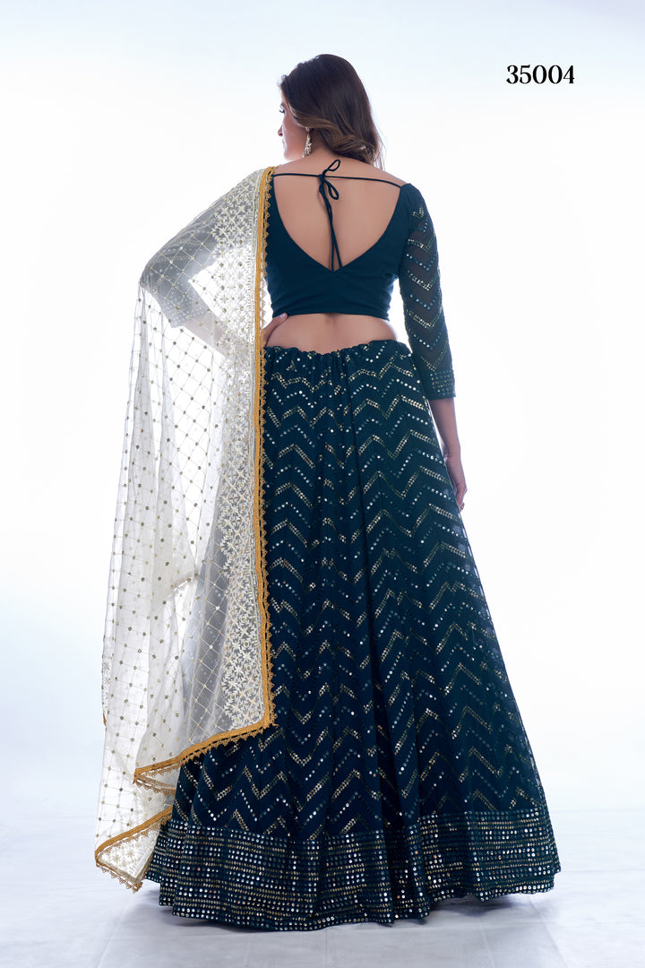 Prussian Blue Georgette Lehenga Set | Chevron Pattern, Thread Work & Sequins