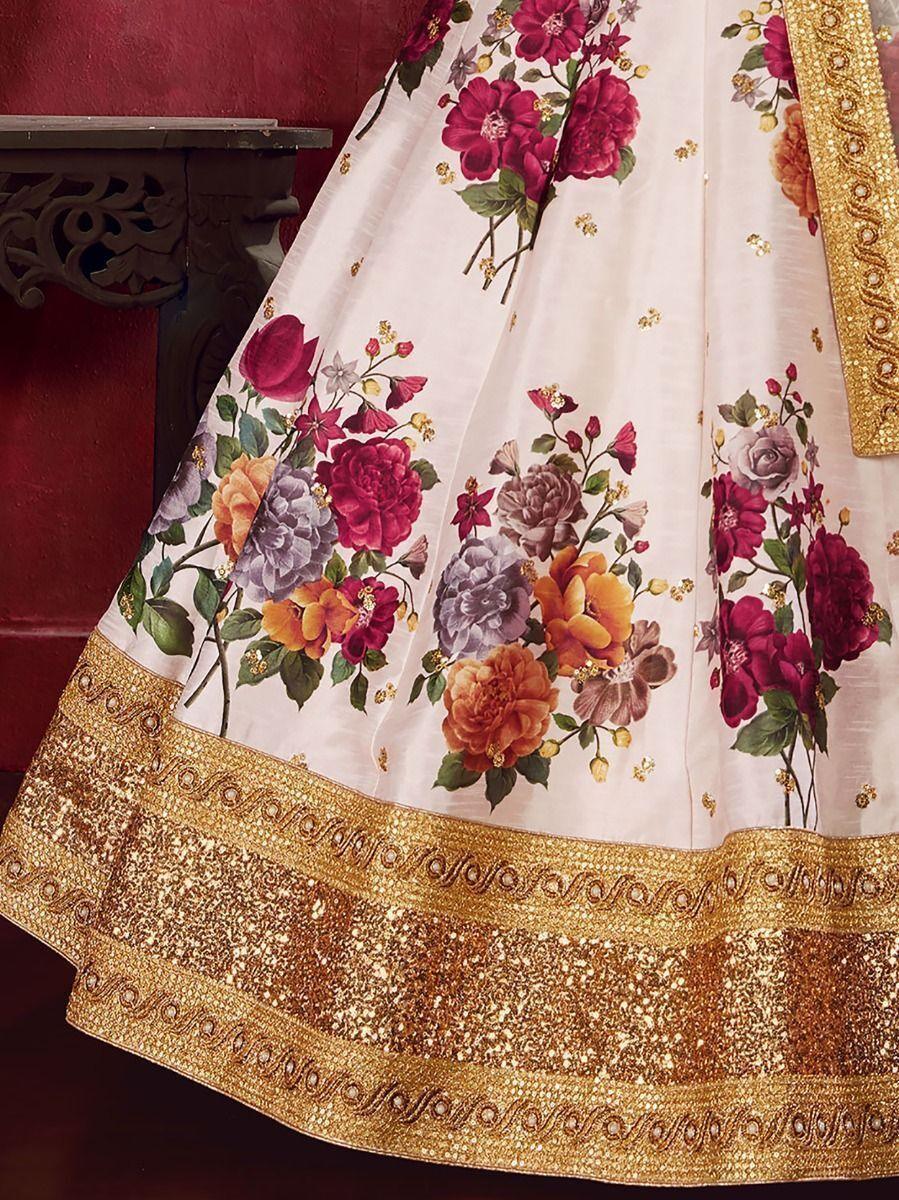 Semi-stitched off-white lehenga with floral print and embroidery