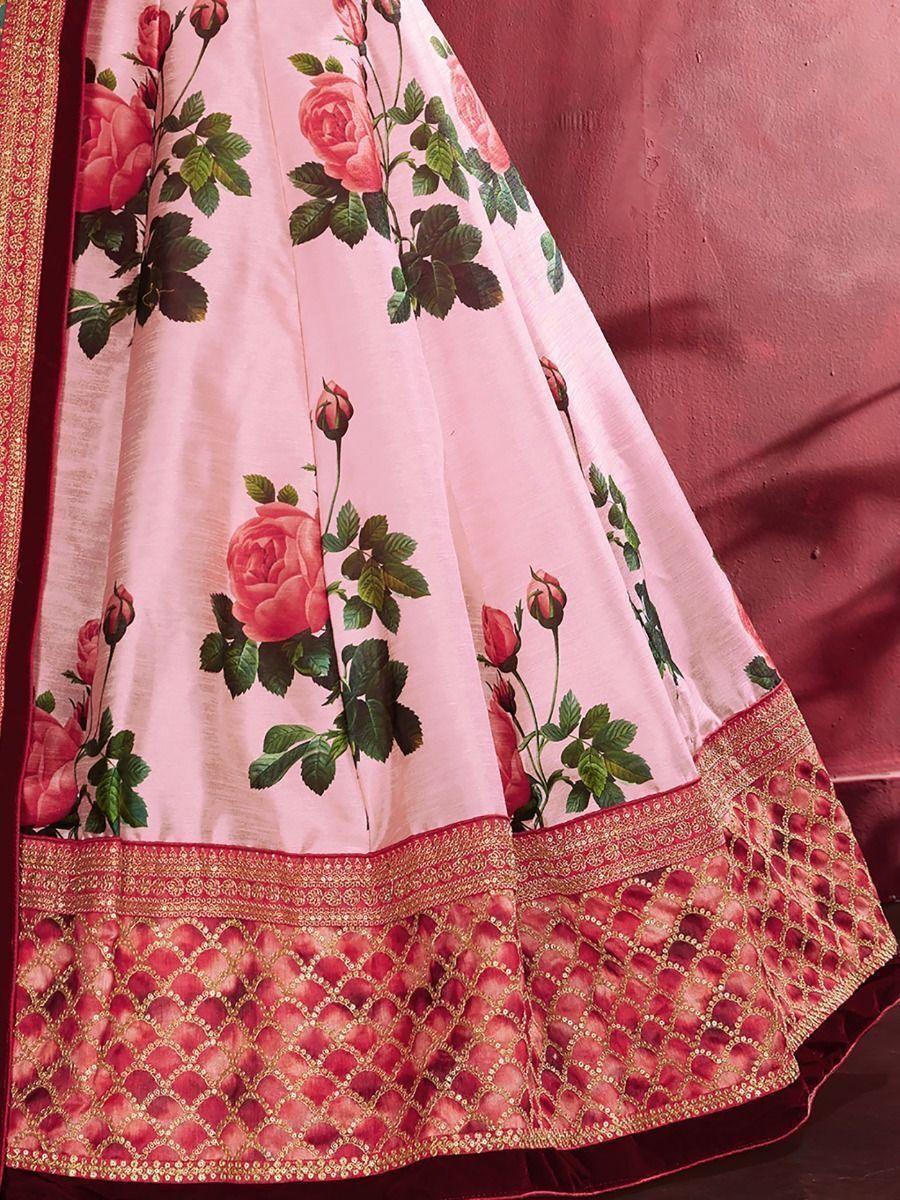 Rose-pink wedding lehenga with floral design and sequins details