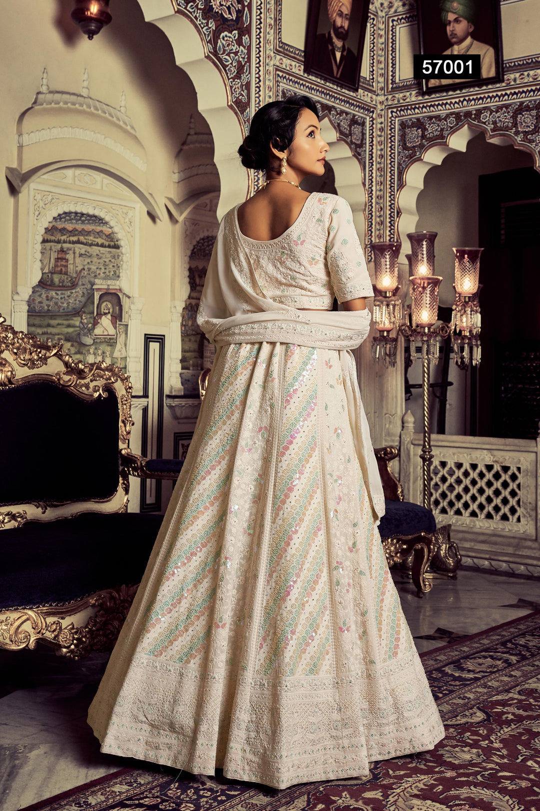 White Georgette Embroidered Lehenga | Semi-Stitched with Blouse