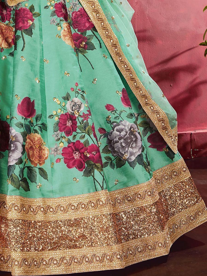 Glamorous Green Lehenga | Banglori Silk with Floral Print & Sequins for Weddings